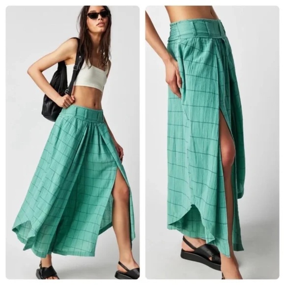 Free People Lunar Cove Pants Womens Wide Leg Beachy Boho Plaid Grid | L